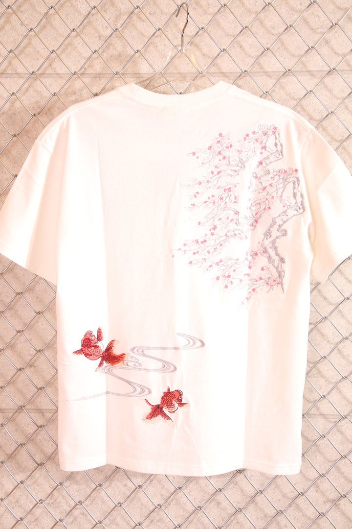花旅楽団スクリプト 桜と金魚 刺繍 和柄 半袖 Tシャツ ST-802