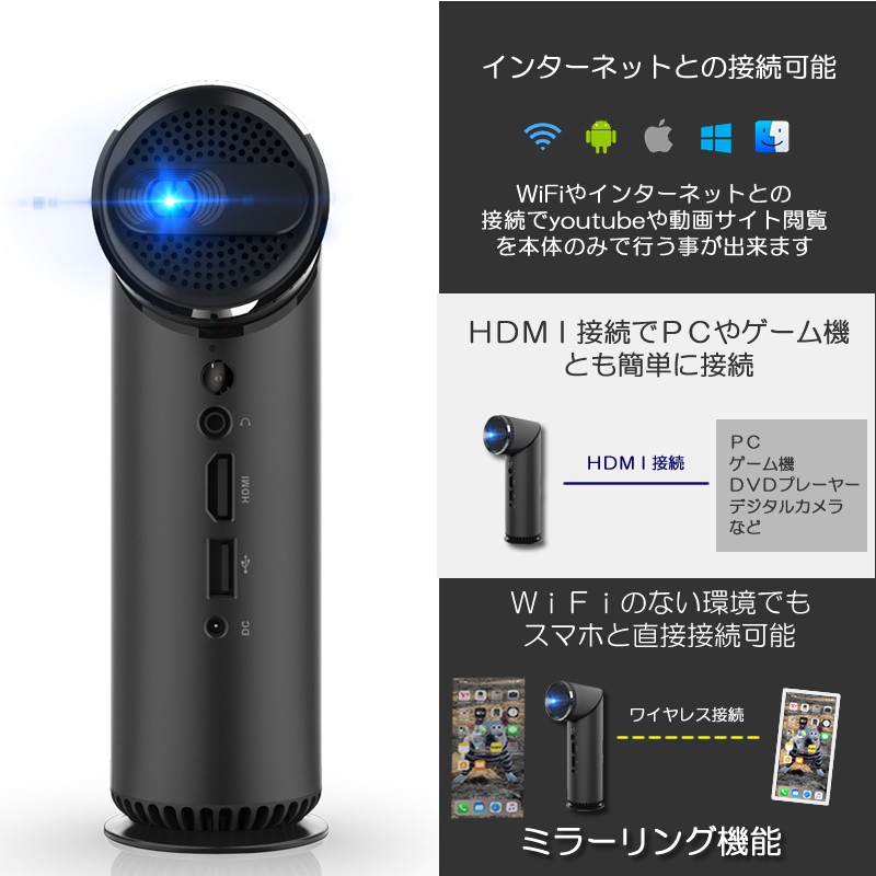 モバイル プロジェクター 小型 スマホ WiFi対応 高画質 DLP バッテリー