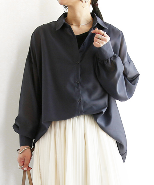 and it_（アンドイット） シアーシャツ 長袖 黒 ブルー レディース