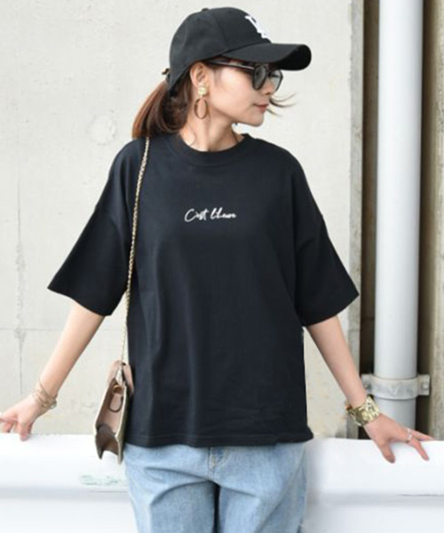 tシャツ レディース 半袖 白 春 夏 カットソー ロゴ プリント 五分袖 トップス 50代 40代 30代 20代 体型カバー 黒 シンプル ワイド  おしゃれ