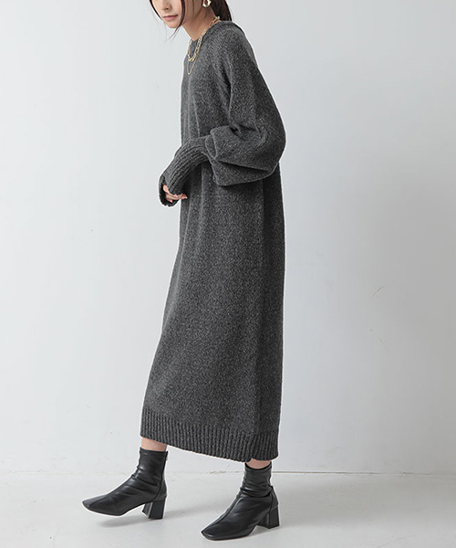 ニットワンピースロング 冬 秋 ワンピース ニット 体型カバー 50代 40代 30代 20代 アームウォーマー ボリューム袖 上品 楽ちん おしゃれ