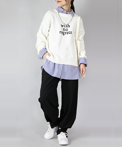 コーデセット レディース 3点 ニット ストライプシャツ トップス パンツ ボトムス 羽織り 体型カバー 秋 冬 セーター きれいめ M 送料無料 福袋 おしゃれ | and it_ | 01