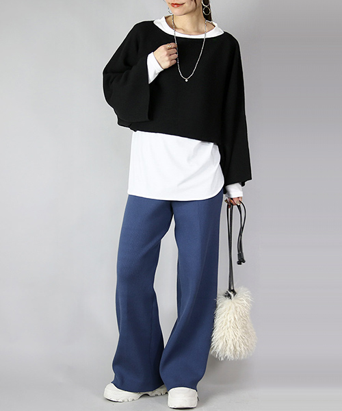 コーデセット レディース 2点 ニット ショート丈 トップス ワイドパンツ ボトムス 体型カバー 秋 冬 セーター きれいめ M 送料無料 福袋 白 黒 おしゃれ | and it_ | 01