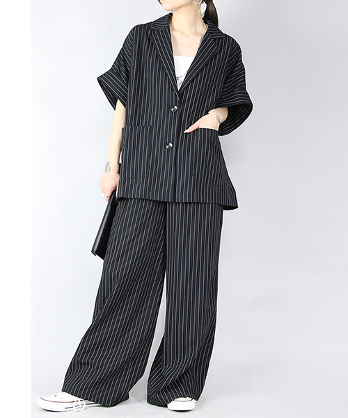 コーデセット レディース ジャケット セットアップ 3点 カップ付き キャミソール インナー ワイドパンツ ボトムス ストライプ 黒 春 夏 半袖 送料無料 おしゃれ | and it_ | 01
