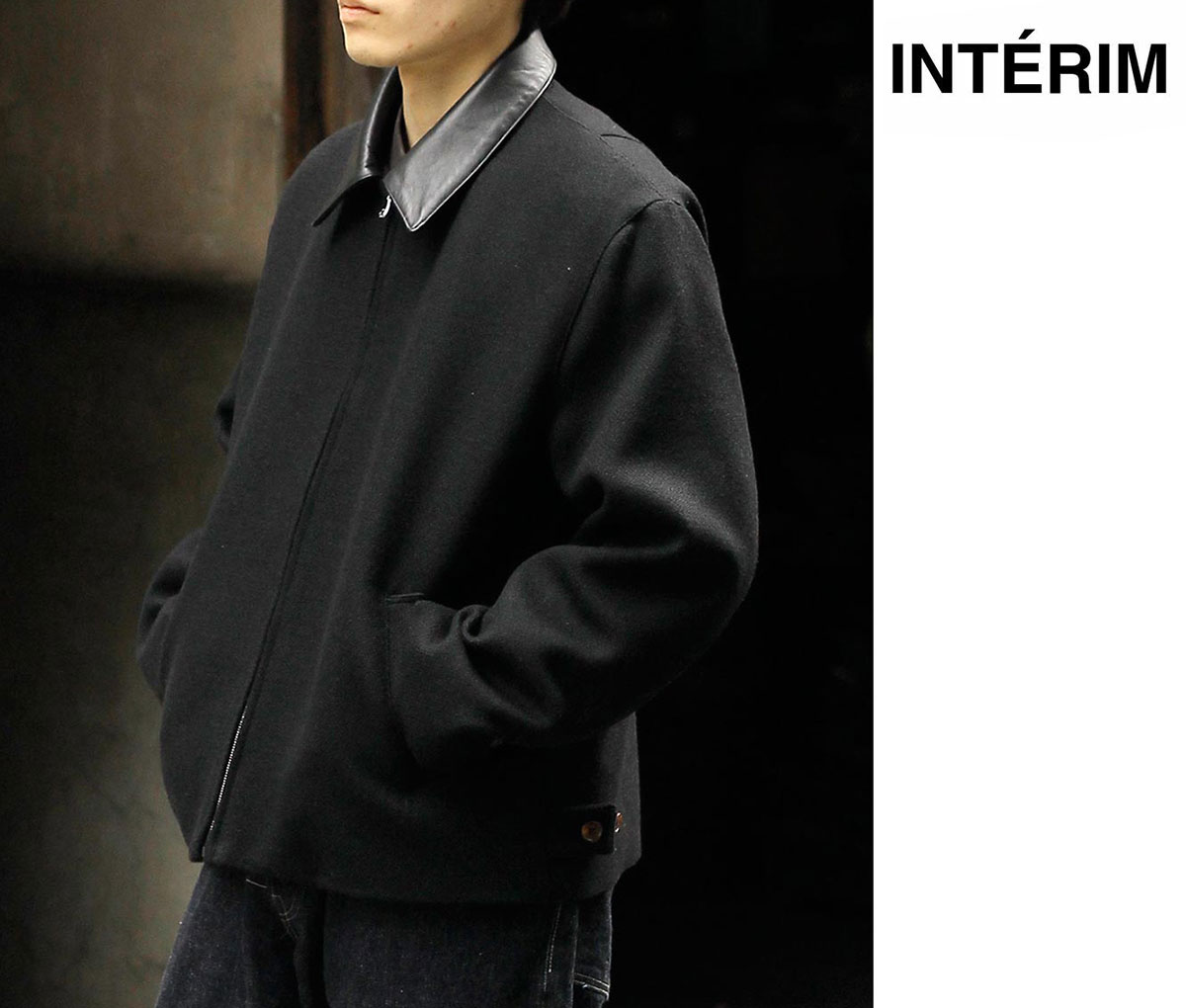 インテリム interim 襟レザージャケット ブルゾン インテリム INTERIM ヘビー ウール ナット ウィーヴ デッドストック