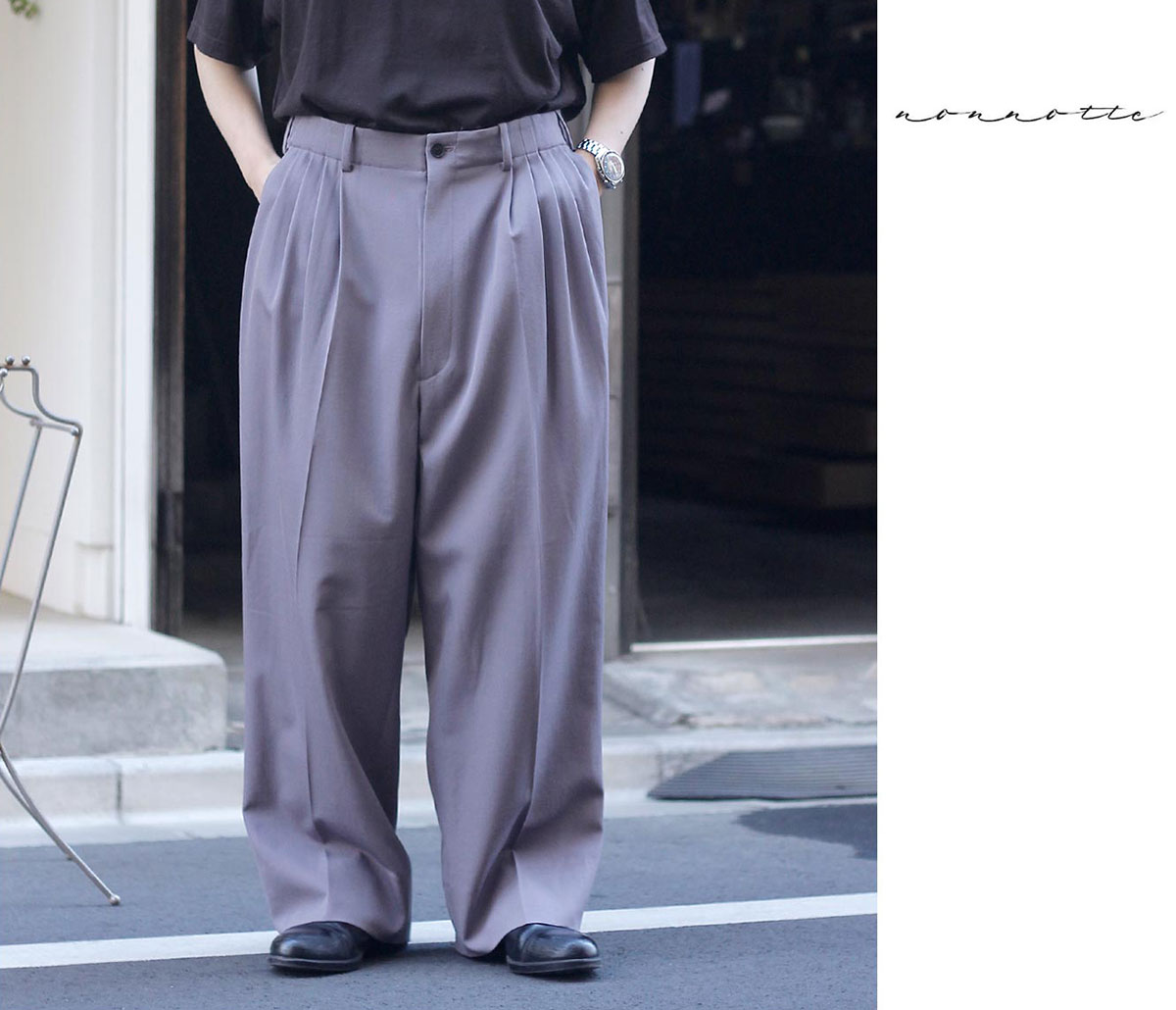 ノノット NONNOTTE ウール ギャバジン ドレーピング 5タック ワイド