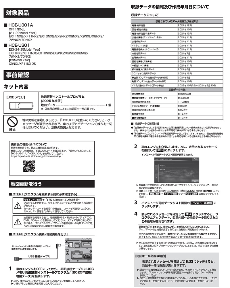 ALPINE HCE-U301A 全国地図データ更新キット 2025年度版 HCE-U301A ALPINE アルパイン 2025年度版 全国地図更新USB 2021年/2022