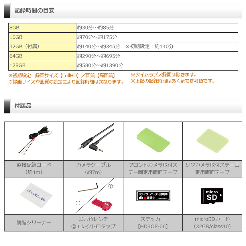 コムテック HDR301＋HDROP-14 COMTEC 200万画素前後2カメラ