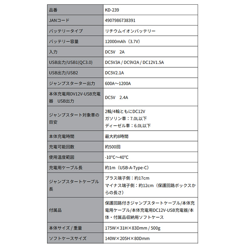 Kashimura（カシムラ） KD-239 Kashimura ジャンプスターター 12000mAh