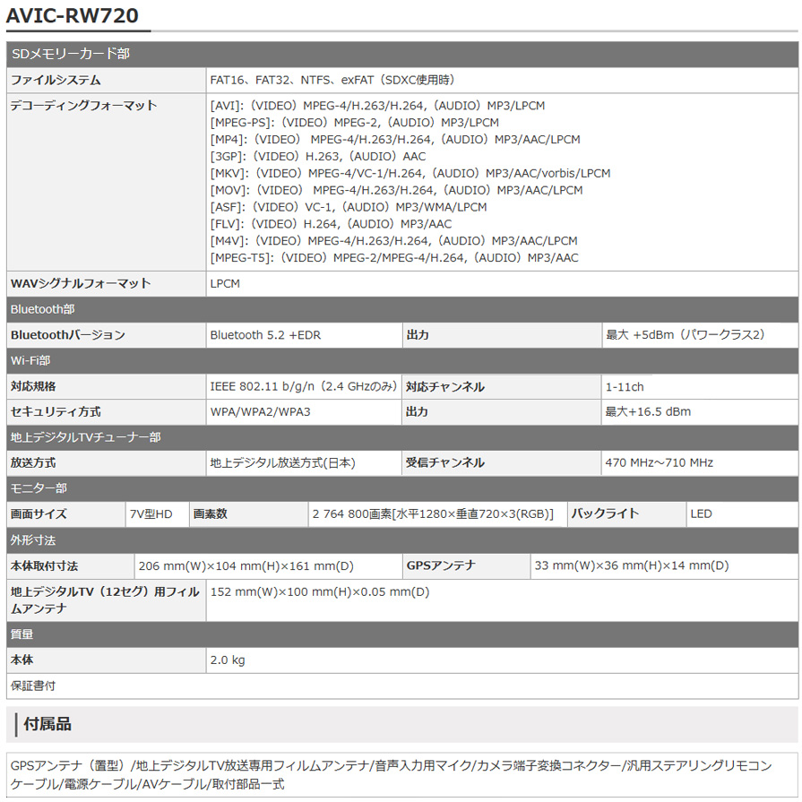 AVIC-RW720 パイオニア カロッツェリア 楽ナビ 7V型フルHD 200mmワイド