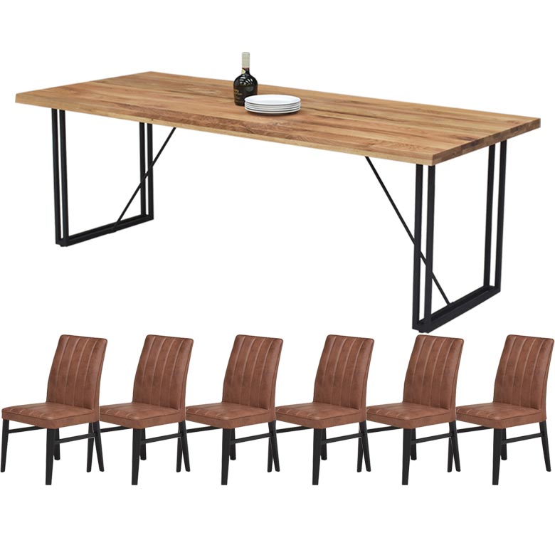 【新品訳あり】 ダイニングテーブルセット 幅210 テーブル 6人掛け ダイニング 7点セット ダイニングセット チェア6脚 オーク材 無垢材 ラバーウッド アイアン脚 【2265090647】(79065円)