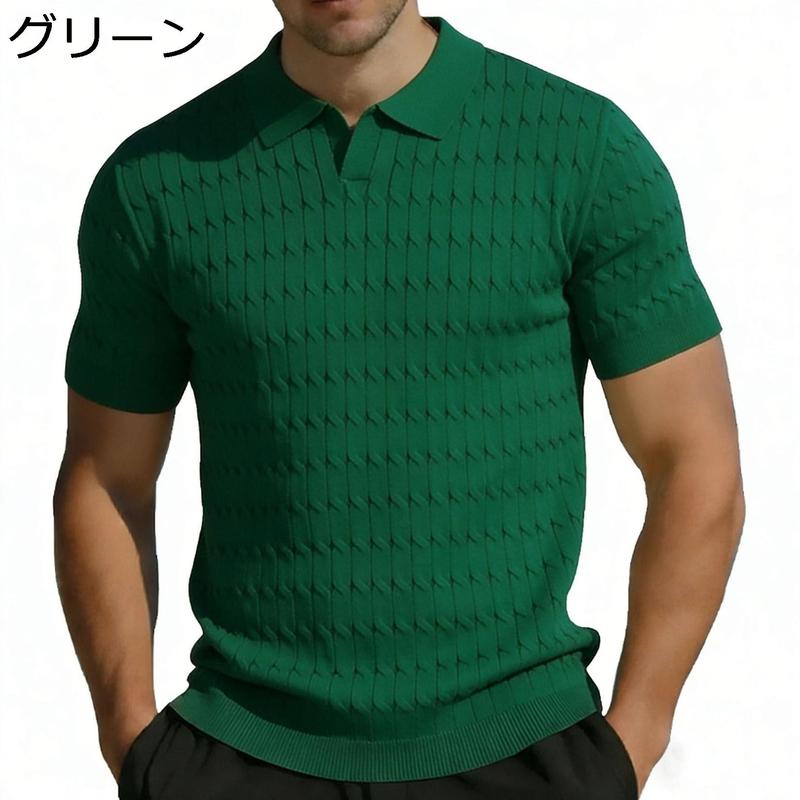 Polo 薄緑色 ケーブルニット ポロシャツ 半袖 ニットポロシャツ メンズ すっきり見え 半袖 ポロシャツ サマーニット
