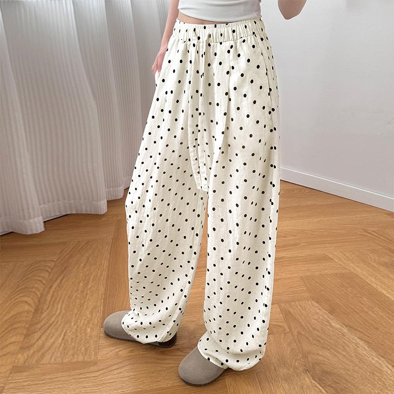 【美品・大きめ】MBE　ピンドット柄シルケットジャガードパンツ 白 ストレッチ ワイドパンツ レディース ドット柄 水玉 ハイウエスト ウエストゴム 綿