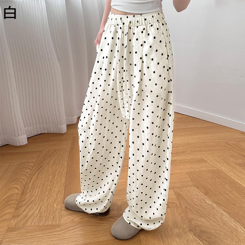 ワイドパンツ レディース ドット柄 水玉 ハイウエスト ウエストゴム 綿
