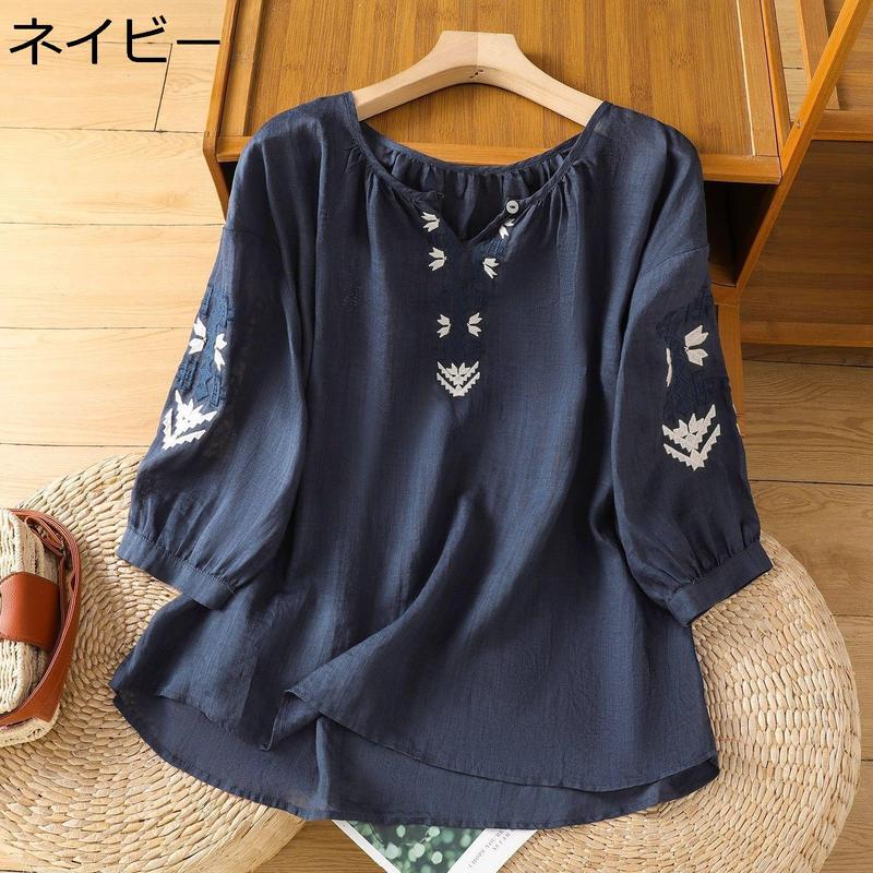 ブラウス レディース 刺繍 七分袖 Vネック ボヘミアン シャツ トップス