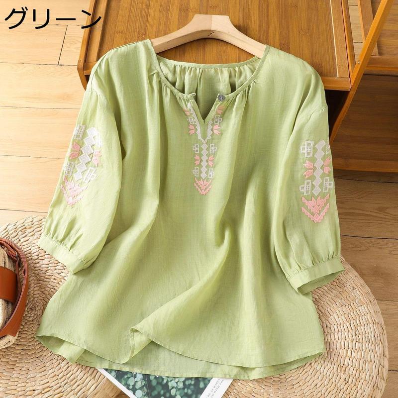 ブラウス レディース 刺繍 七分袖 Vネック ボヘミアン シャツ トップス