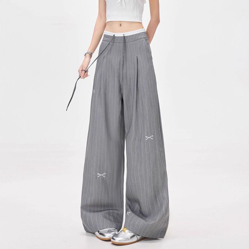 ワイドパンツ レディース ストライプ グレー リボン ハイウエスト