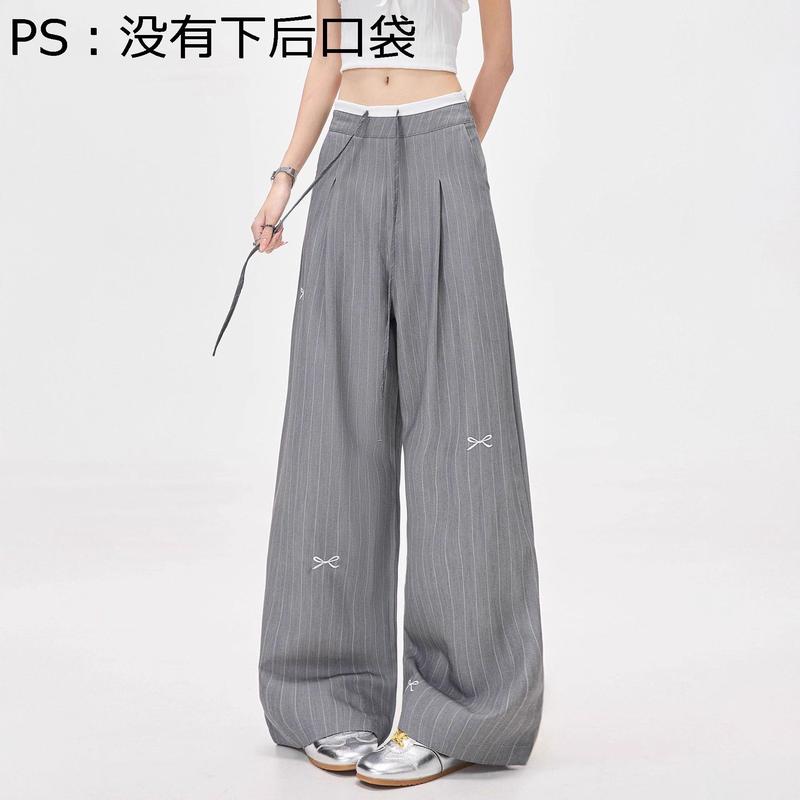ワイドパンツ レディース ストライプ グレー リボン ハイウエスト
