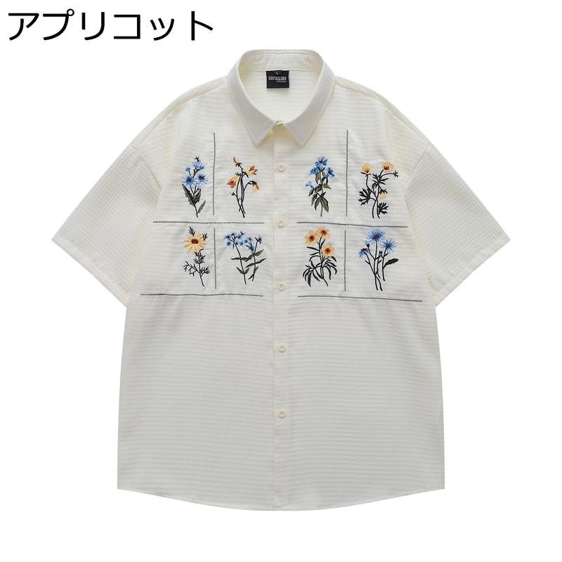 刺繍 シャツ ワークシャツ 半袖 花柄 ボタニカル柄 ビッグシルエット