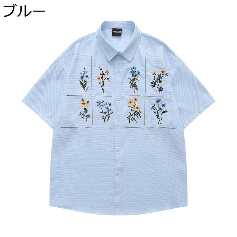 刺繍 シャツ ワークシャツ 半袖 花柄 ボタニカル柄 ビッグシルエット