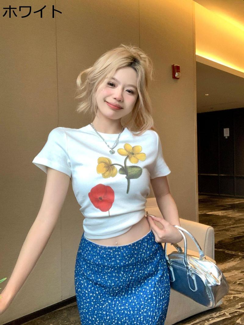 レディース Tシャツ 半袖 クルーネック 花柄 プリント フラワー スリム