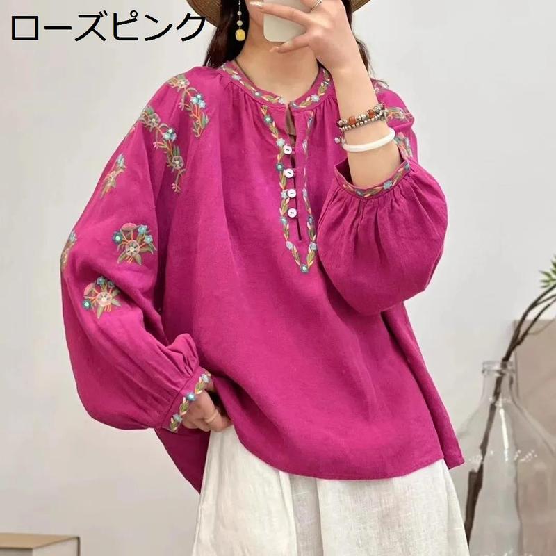 ブラウス レディース 刺繍 Vネック シャツ 花柄 トップス エスニック