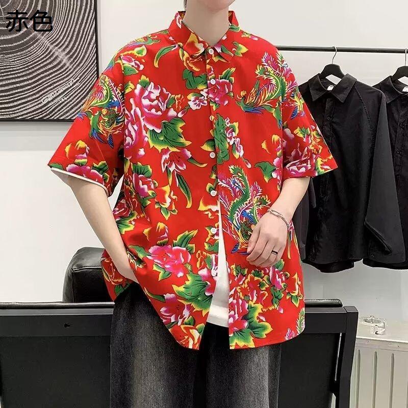 アロハシャツ メンズ 半袖 柄シャツ 鳳凰 牡丹 開襟シャツ 総柄
