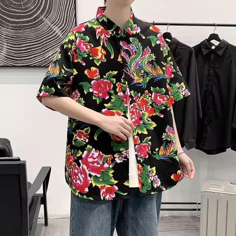 アロハシャツ メンズ 半袖 柄シャツ 鳳凰 牡丹 開襟シャツ 総柄