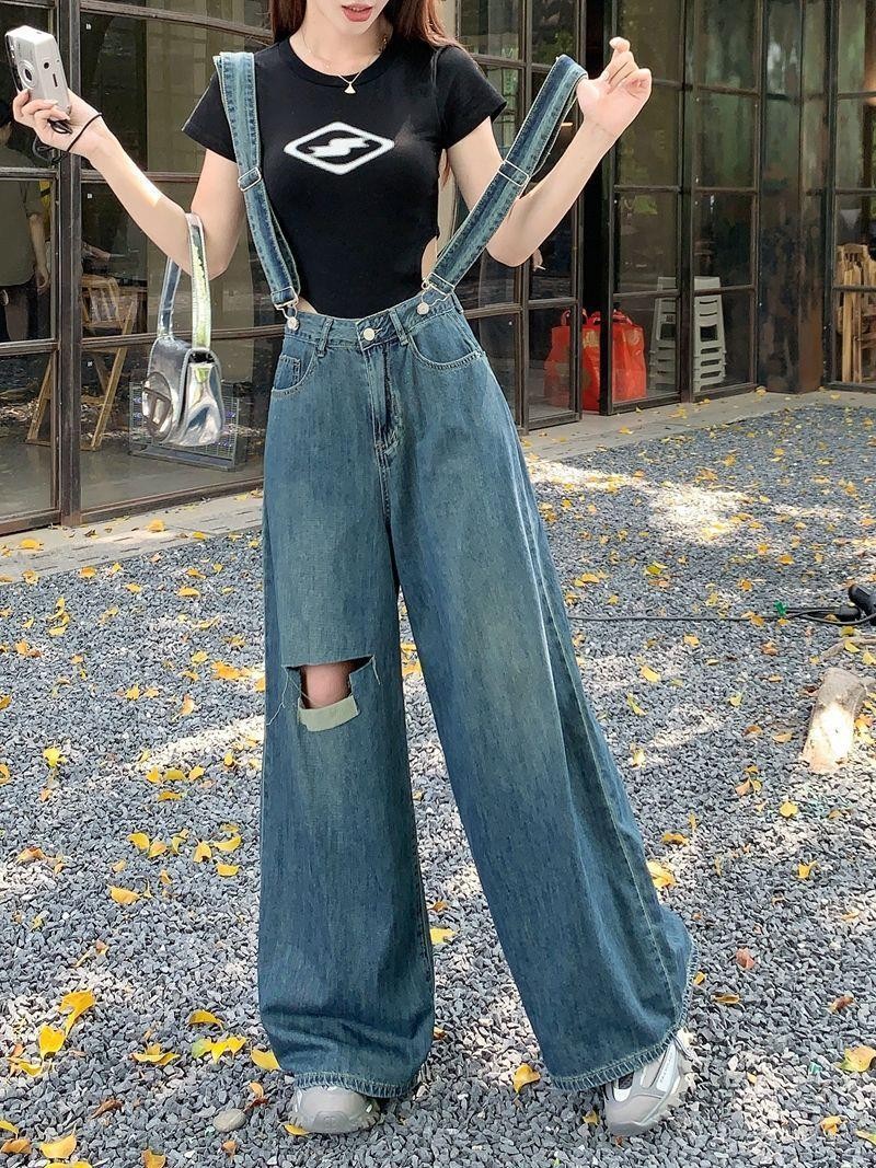 サロペット デニム レディース オーバーオール ワイドパンツ ダメージ