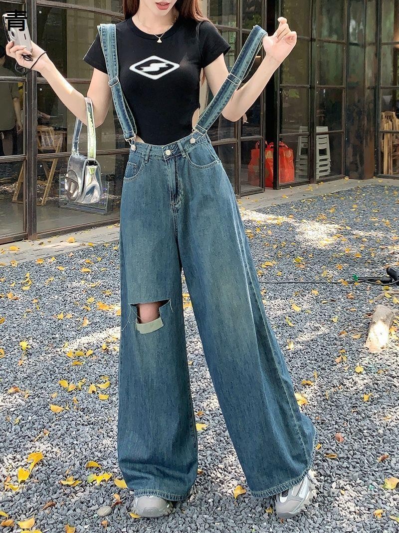 サロペット デニム レディース オーバーオール ワイドパンツ ダメージ