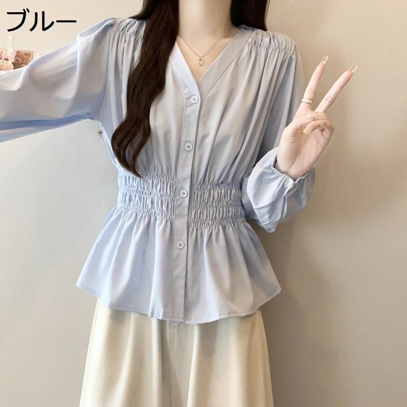 25年モデル✨ Rene ペプラムトップス チュニック 白襟 長袖ブラウス 美品 ブラウス レディース 長袖 Vネック ペプラム トップス ウエスト