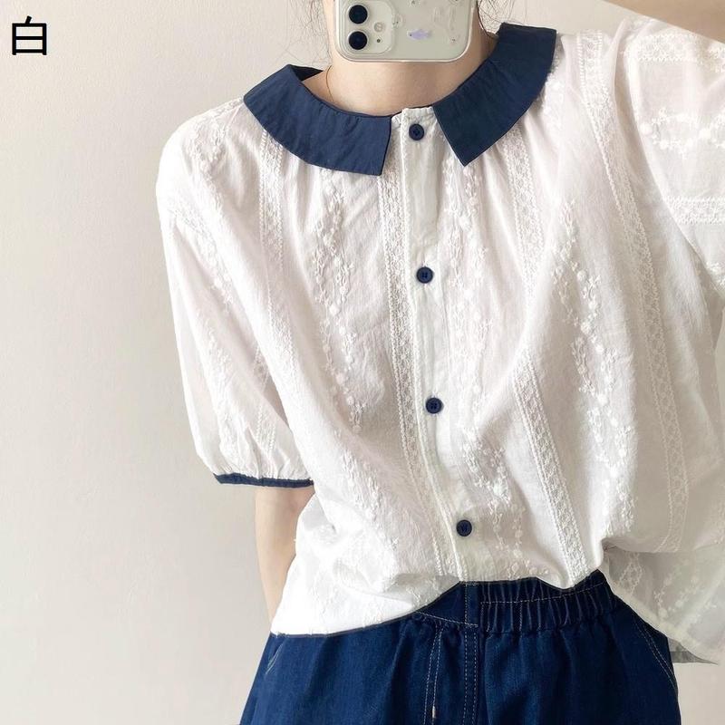 ブラウス レディース 半袖 丸襟 パフスリーブ レース 刺繍 トップス 