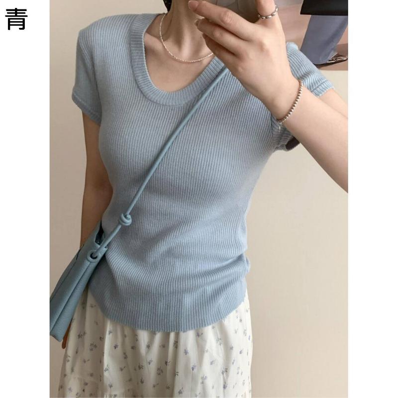 サマーニット レディース 半袖 リブニット Uネック スリム Tシャツ