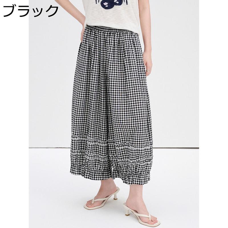 ワイドパンツ レディース ギンガムチェック 裾フリル バルーンパンツ