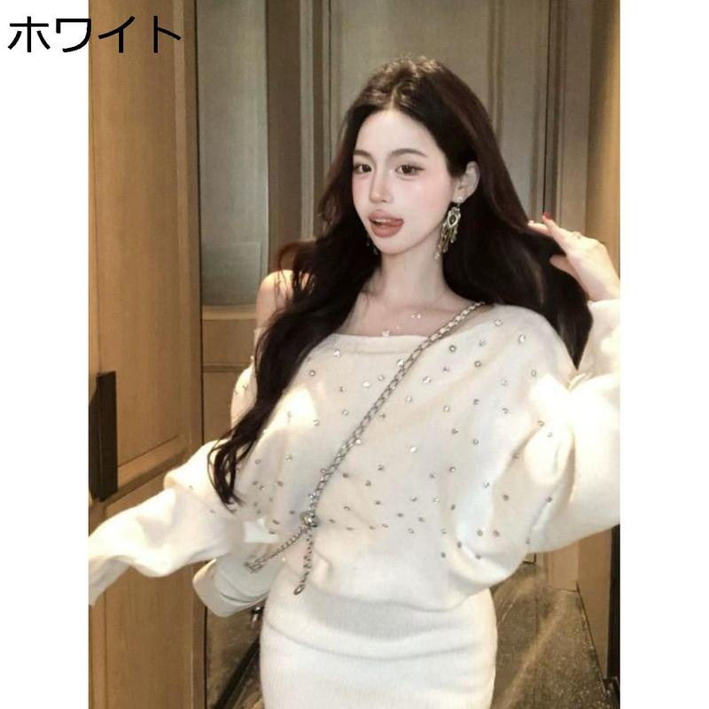 ニットワンピース オフショルダー ビジュー ミニ丈 タイト キラキラ 