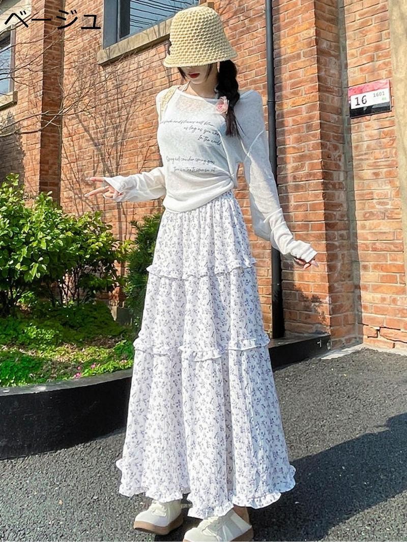 ロングスカート ティアード 小花柄 レディース ウエストゴム フリル