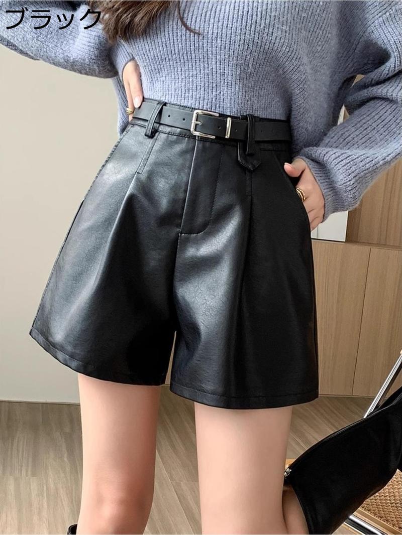 レザーショートパンツ レディース ハイウエスト Aライン ベルト付き