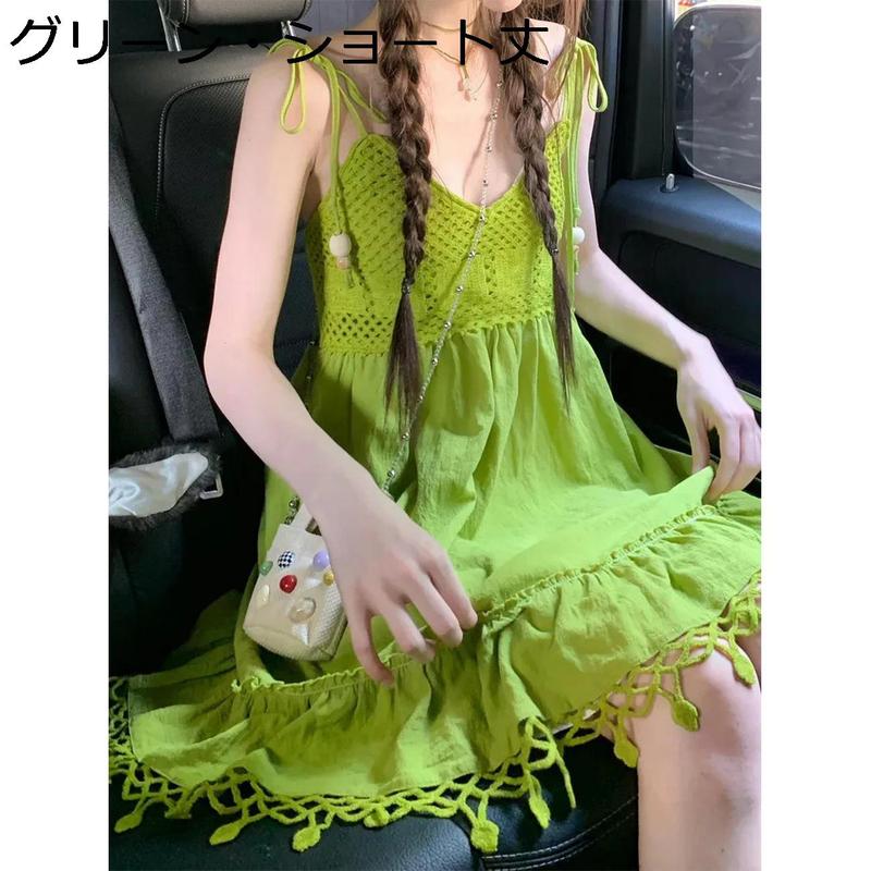 ヴィンテージANNA SUI　シルクキャミソールワンピ（薄緑）　ロリータさんにも キャミソールワンピース レディース ミニ丈 かぎ針編み クロシェ 夏
