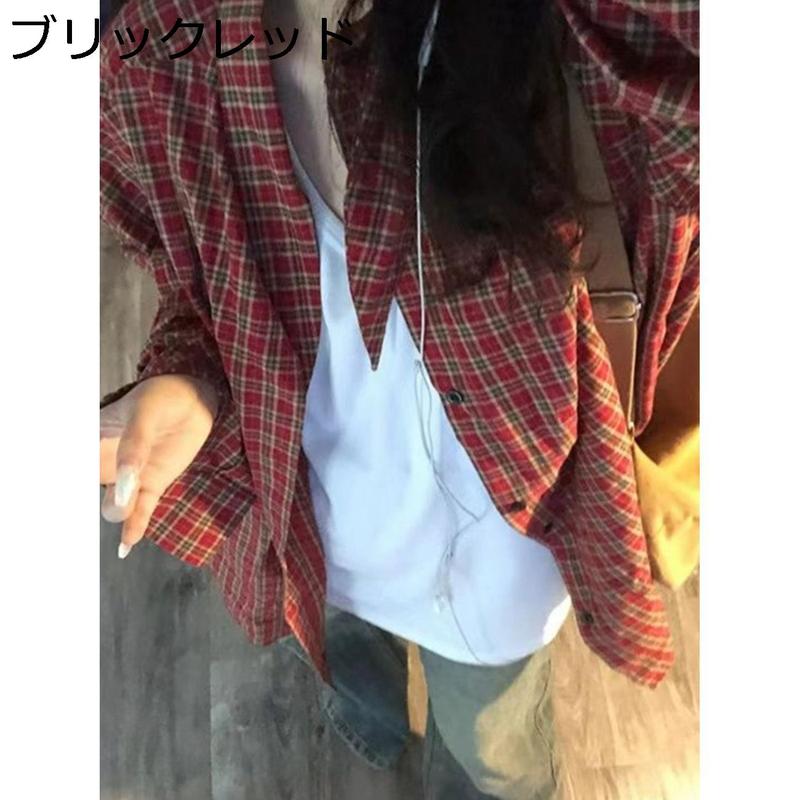 チェックシャツ レディース 長袖 オーバーサイズ 赤 タータンチェック