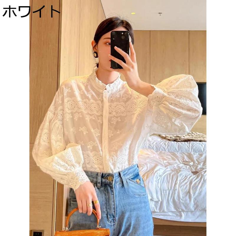 ブラウス レディース 長袖 レース 刺繍 フリルネック 大人可愛い
