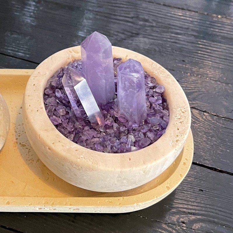 天然アメジスト結晶置物 回転代付き パワーストーン 値下げ アメジスト 六角柱 水晶 さざれ石 浄化用 ガラス容器 パワーストーン