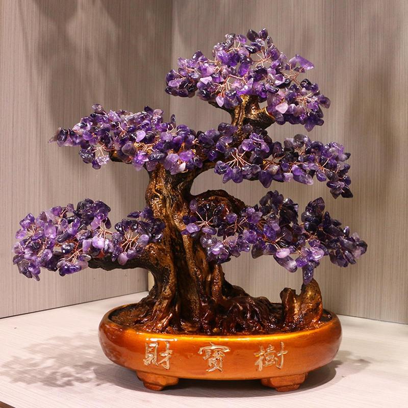 水晶 天然アメジスト 天然石 招財樹 金のなる木 ヤナギ 財福の樹 開運