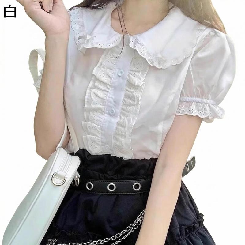 ブラウス レディース 半袖 丸襟 フリル レース パフスリーブ ガーリー
