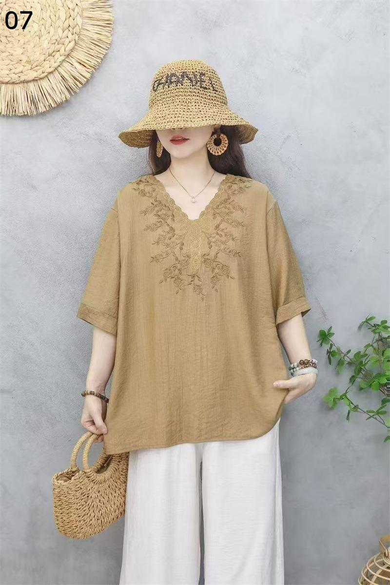 アルベロベッロ刺繍ビーズチュニック綿素材 半袖 ブラウス チュニック レディース 夏 半袖 Vネック 刺繍 レース 綿麻混