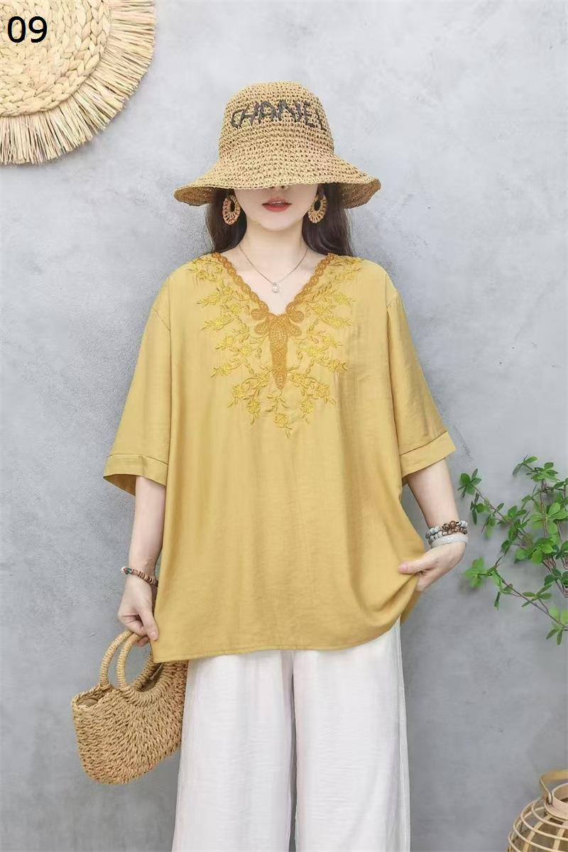 アルベロベッロ刺繍ビーズチュニック綿素材 半袖 ブラウス チュニック レディース 夏 半袖 Vネック 刺繍 レース 綿麻混