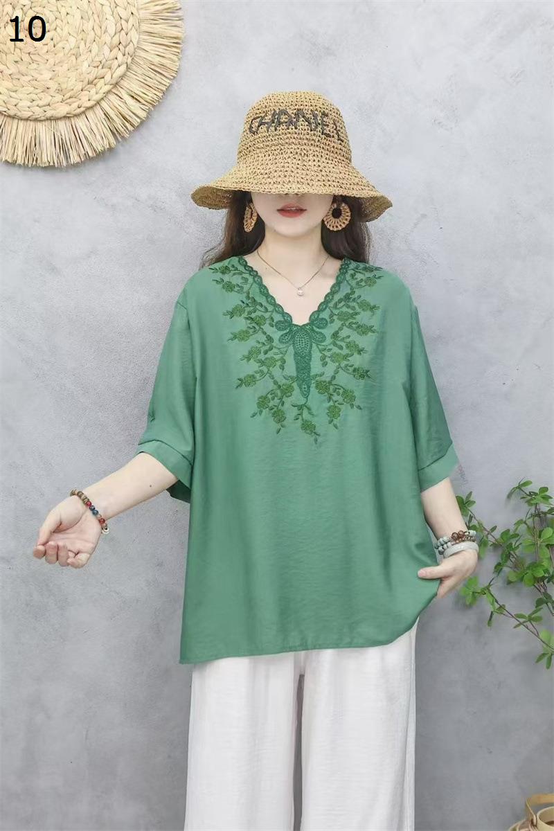 ブラウス チュニック レディース 夏 半袖 Vネック 刺繍 レース 綿麻混