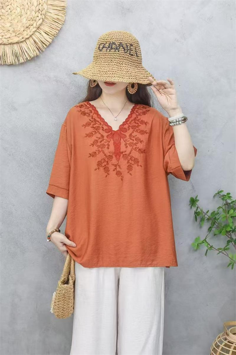 アルベロベッロ刺繍ビーズチュニック綿素材 半袖 ブラウス チュニック レディース 夏 半袖 Vネック 刺繍 レース 綿麻混