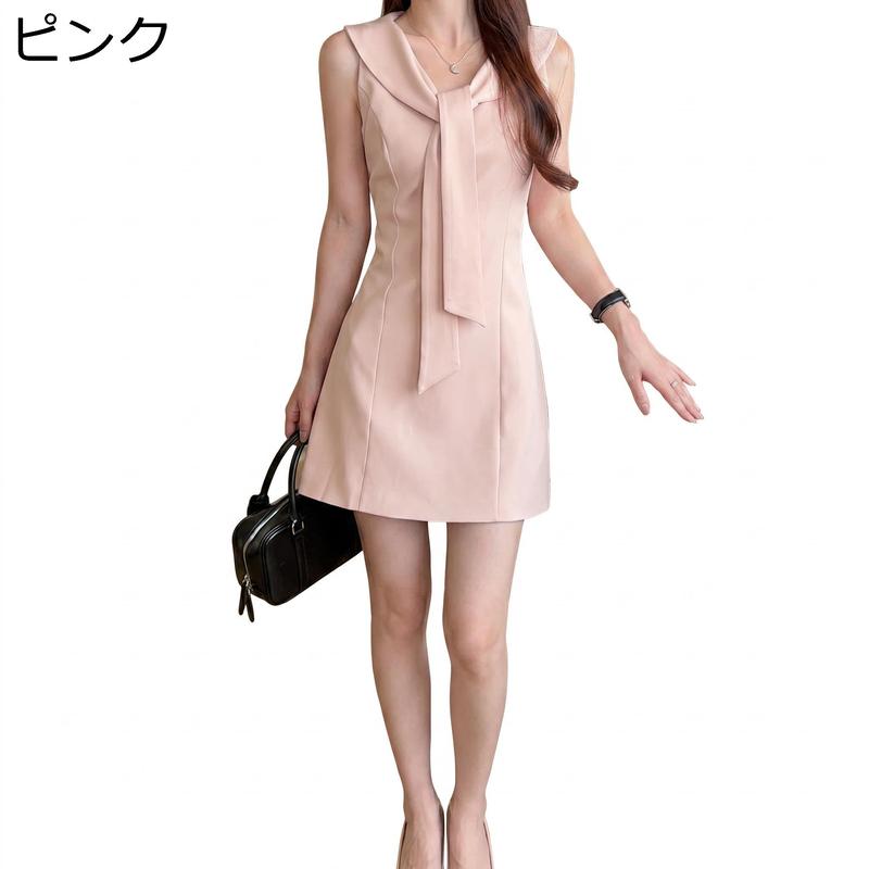 ワンピース レディース 大人可愛い Aライン ノースリーブ リボン 