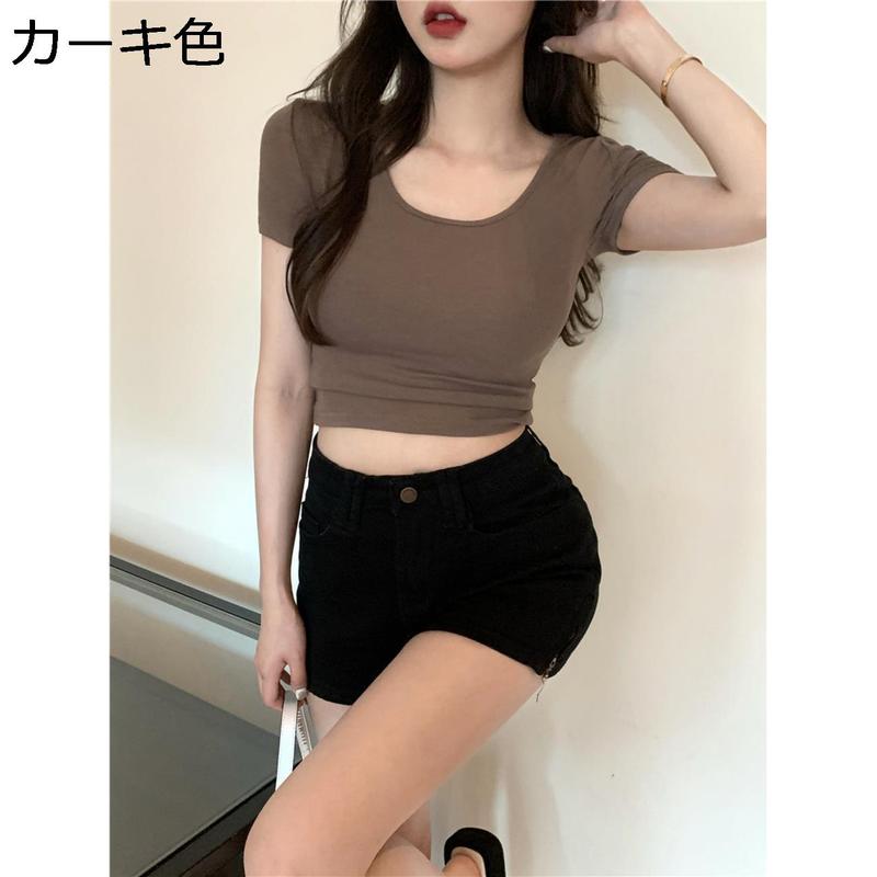 Tシャツ レディース 半袖 ショート丈 クロップド丈 へそ出し タイト