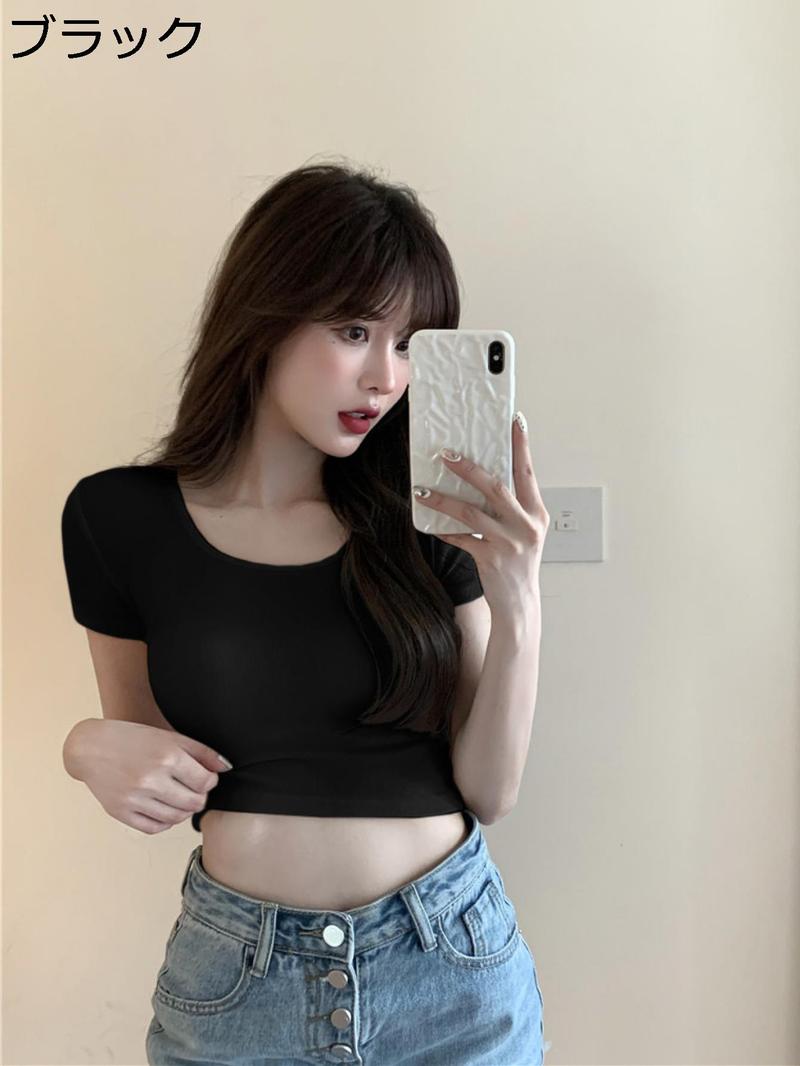 Tシャツ レディース 半袖 ショート丈 クロップド丈 へそ出し タイト